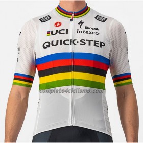 Completo Maglia + Pantaloncino con bretelle 2022 Quick-Step Alpha Vinyl Campione Del Mondo Manica Corta Bianco Multicolore